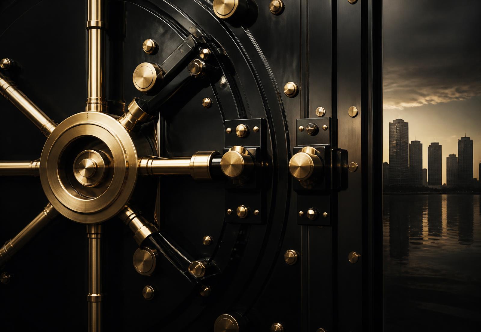 Polished black and brass vault door with a Miami skyline reflection